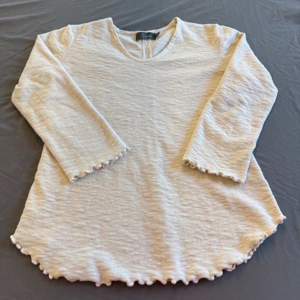 Willow Knit Top Women Medium Cream Lettuce Trim Scoop Neck 3/4 Sleeve